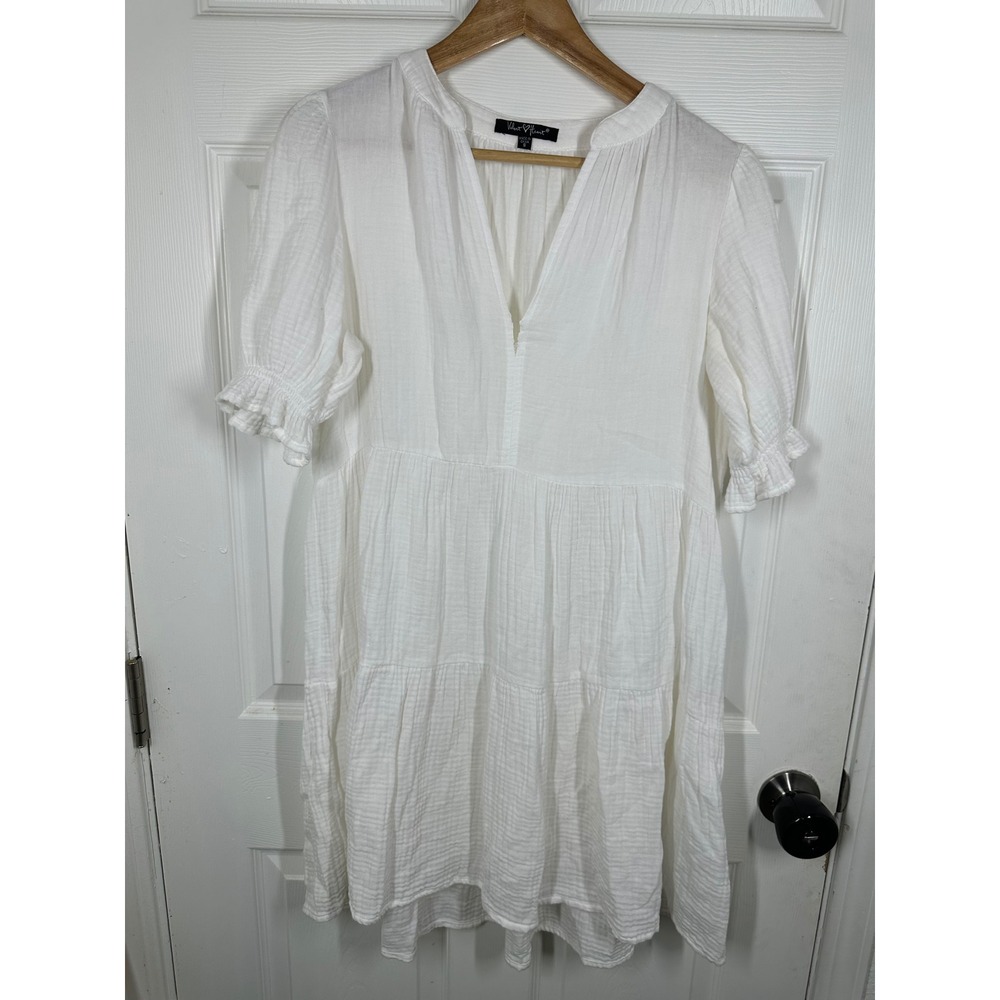 Velvet Heart Dress Womens S White Gauze Tiered V-Neck‎ Puff Sleeve Mini Boho